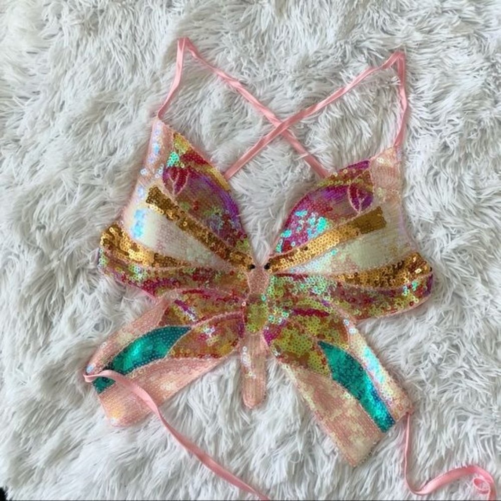 NWT Y2K Butterfly Sequin Pink Crop Top Sexy Cami Self Tie Mariah Carey Backless - Picture 3 of 12
